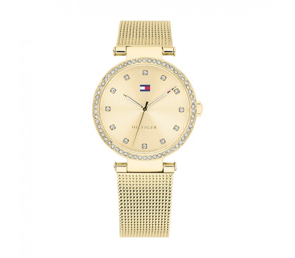 Montre Femme Tommy Hilfiger, cadran avec cristaux, bracelet maille milanaise plaqué or jaune