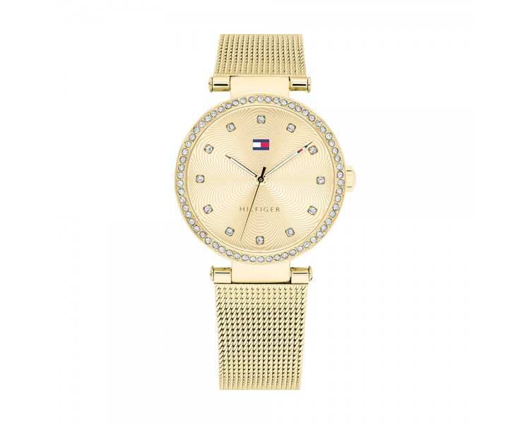 Montre Femme Tommy Hilfiger, cadran avec cristaux, bracelet maille milanaise plaqué or jaune Montre Femme Tommy Hilfiger, cadran avec cristaux, bracelet maille milanaise plaqué or jaune
