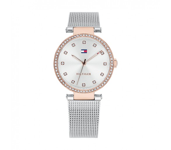 Montre Femme Tommy Hilfiger, cadran avec cristaux, bracelet maille milanaise argenté