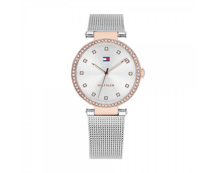 Montre Femme Tommy Hilfiger, cadran avec cristaux, bracelet maille milanaise argenté Montre Femme Tommy Hilfiger, cadran avec cristaux, bracelet maille milanaise argenté