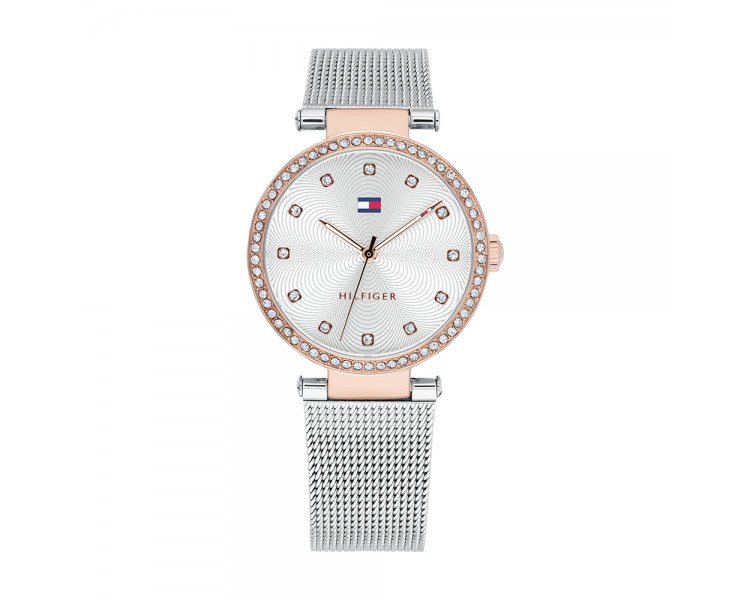 Montre Femme Tommy Hilfiger, cadran avec cristaux, bracelet maille milanaise argenté