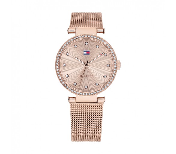 Montre Femme Tommy Hilfiger or rose, cadran avec cristaux et bracelet acier maille milanaise