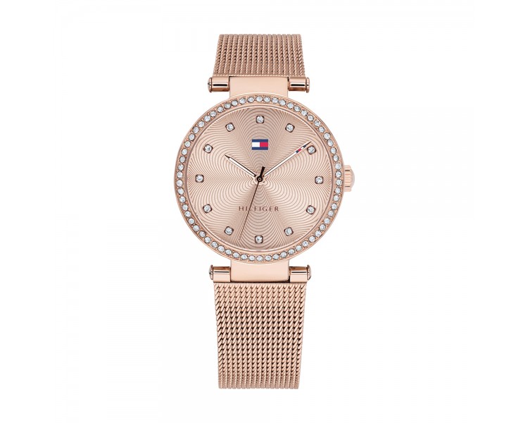 Montre Femme Tommy Hilfiger or rose, cadran avec cristaux et bracelet acier maille milanaise