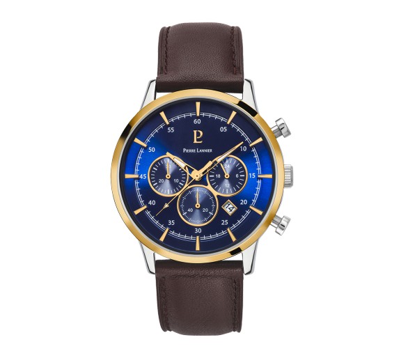 Montre Homme PIERRE LANNIER Capital Chronographe Cadran Bleu et Or Bracelet  Cuir - 224G264