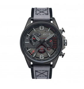 AVI8 "HAWKER HARRIER II"qtz chrono J/D-rd ac inoxy N-cad gris-cuir gris+tissu