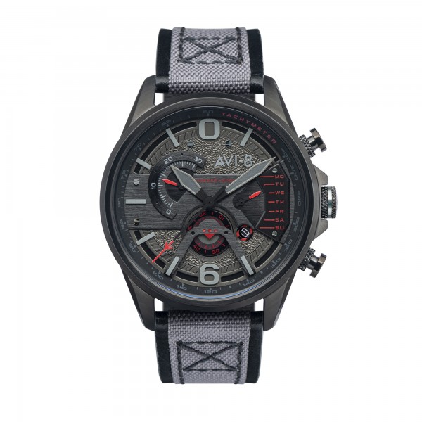 AVI8 "HAWKER HARRIER II"qtz chrono J/D-rd ac inoxy N-cad gris-cuir gris+tissu AVI8 "HAWKER HARRIER II"qtz chrono J/D-rd ac inoxy N-cad gris-cuir gris+tissu