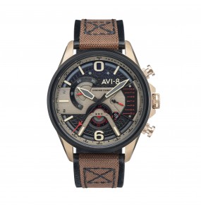 AVI8 "HAWKER HARRIER II"qtz chrono J/D-rd ac inoxy kaki-cad N-cuir marron+tissu