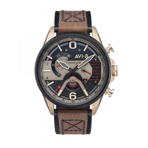AVI8 "HAWKER HARRIER II"qtz chrono J/D-rd ac inoxy kaki-cad N-cuir marron+tissu AVI8 "HAWKER HARRIER II"qtz chrono J/D-rd ac inoxy kaki-cad N-cuir marron+tissu