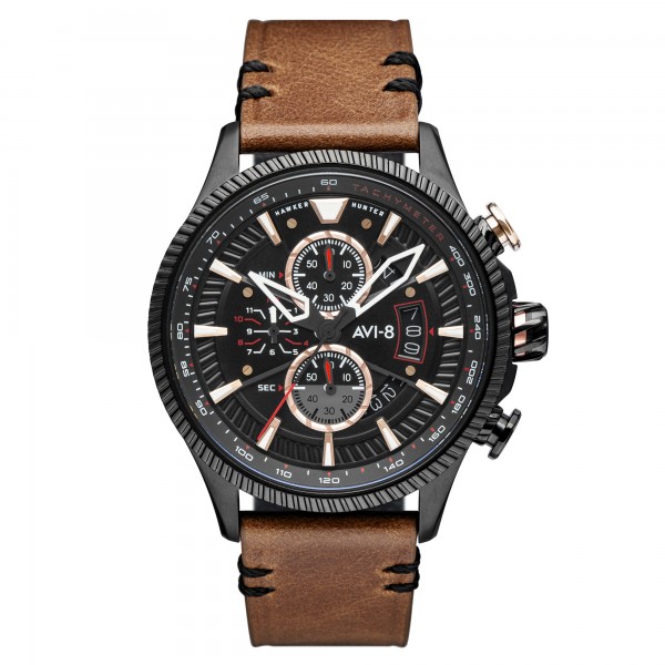 AVI8 "HAWKER HUNTER"qtz chrono D-rd ac inoxy N-cad N-cuir marron