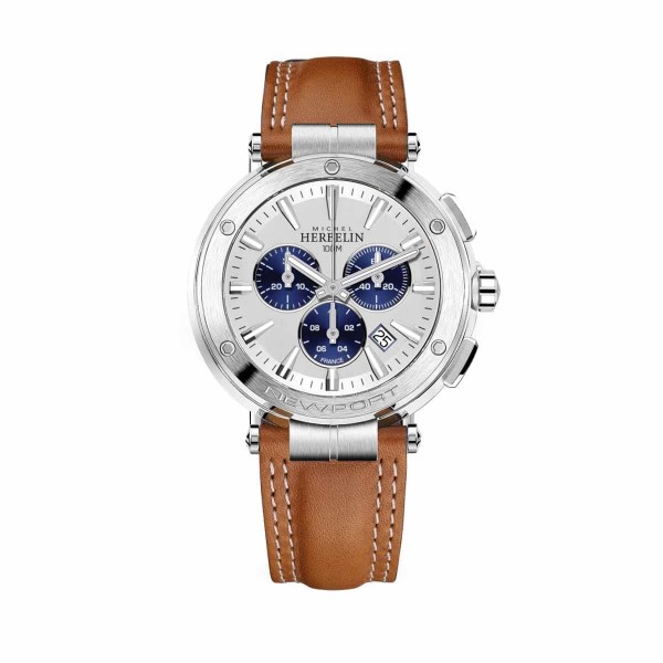 Montre Homme Michel Herbelin Newport Chrono Blanche Cuir Brun - 37688/42GON Montre Homme Michel Herbelin Newport Chrono Blanche Cuir Brun - 37688/42GON