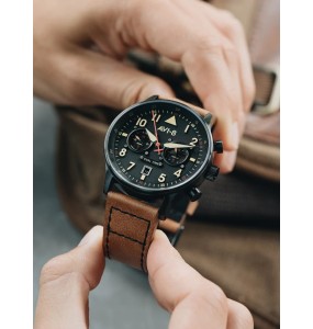 AVI-8 HAWKER HURRICANE CAREY DUAL TIME NOIR CUIR BRUN AV-4088-03