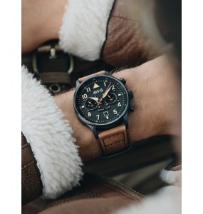 AVI-8 HAWKER HURRICANE CAREY DUAL TIME NOIR CUIR BRUN AV-4088-03