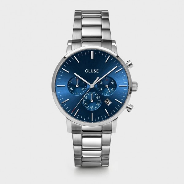 Montre Homme Cluse Aravis Chrono argent, bleu nuit - CW0101502011 Montre Homme Cluse Aravis Chrono argent, bleu nuit - CW0101502011