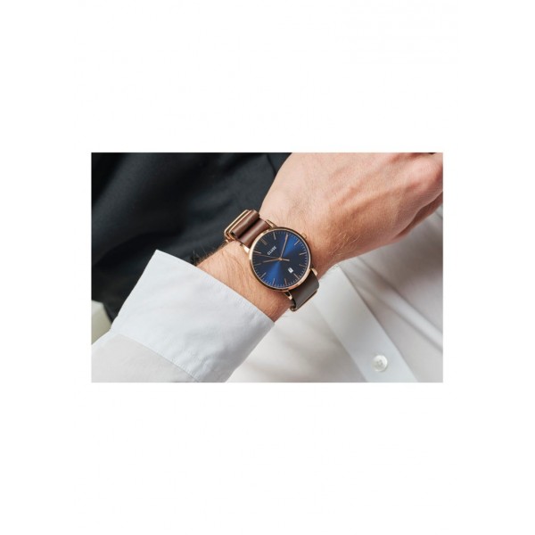 Montre homme CLUSE Aravis cadran bleu foncé/bracelet cuir nato marron - CW0101501009