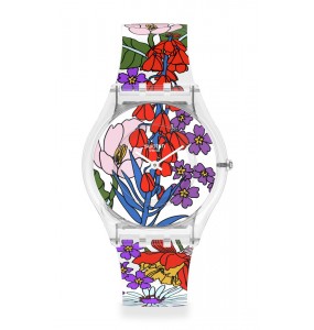 Montre Femme SWATCH Botanical Paradise SS08K110 - Collection Monthly Drops - Boitier matériau biosourcé transparent