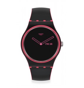 Montre Unisexe SWATCH Minimal Line Pink SO29P700 - Collection Monthly Drops - Boitier matériau biosourcé noir