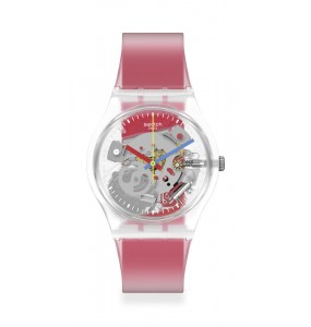 Montre Unisexe SWATCH Clearly Red Striped GE292 - Collection Monthly Drops - Boitier matériau biosourcé transparent