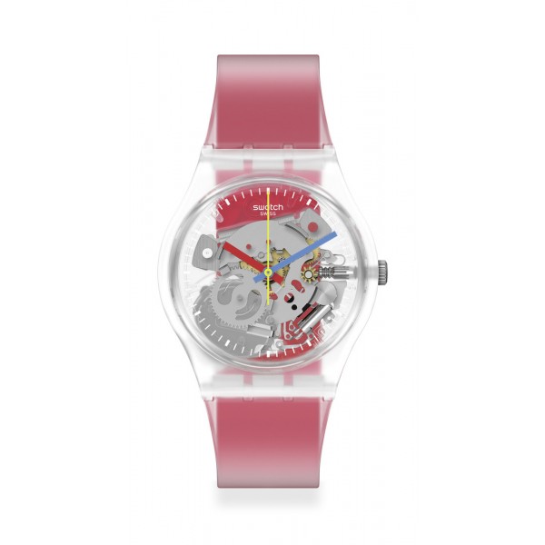 Montre Unisexe SWATCH Clearly Red Striped GE292 - Collection Monthly Drops - Boitier matériau biosourcé transparent