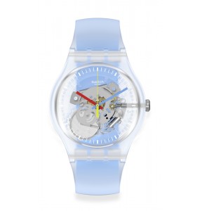 Montre Unisexe SWATCH Clearly Blue Striped SUOK156 - Collection Monthly Drops - Boitier matériau biosourcé transparent