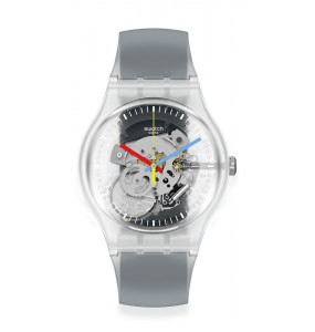 Montre Unisexe SWATCH Clearly Black Striped SUOK157 - Collection Monthly Drops - Boitier matériau biosourcé transparent