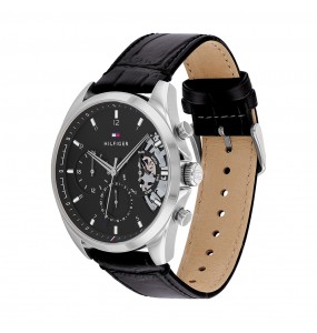 Montre Tommy Hilfiger Baker Homme - Boitier acier argenté - Bracelet Cuir Noir