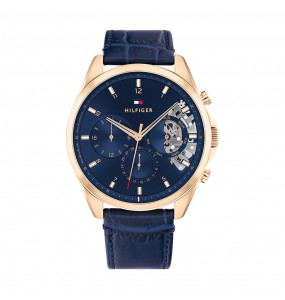 Montre Tommy Hilfiger Baker Homme - Boîtier acier Doré Rose - Bracelet Cuir Bleu