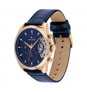 Montre Tommy Hilfiger Baker Homme - Boîtier acier Doré Rose - Bracelet Cuir Bleu