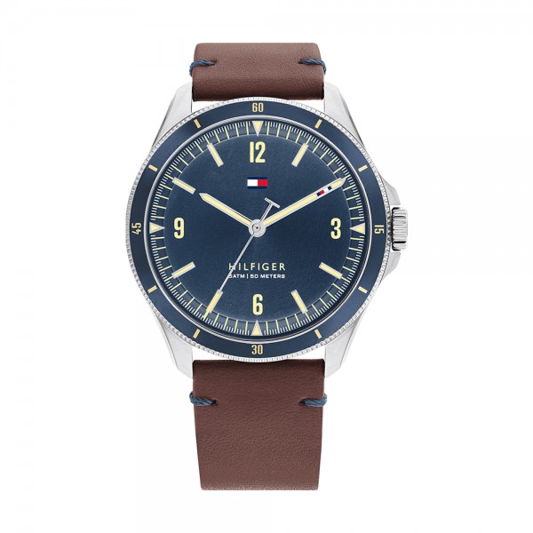 Montre Tommy Hilfiger Maverick Homme - Boitier acier argenté - Bracelet Cuir Marron