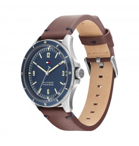 Montre Tommy Hilfiger Maverick Homme - Boitier acier argenté - Bracelet Cuir Marron