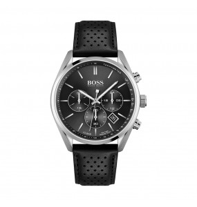 Montre Homme Hugo Boss Champion  - Boîtier acier argenté - Bracelet cuir Noir - Ref 1513816