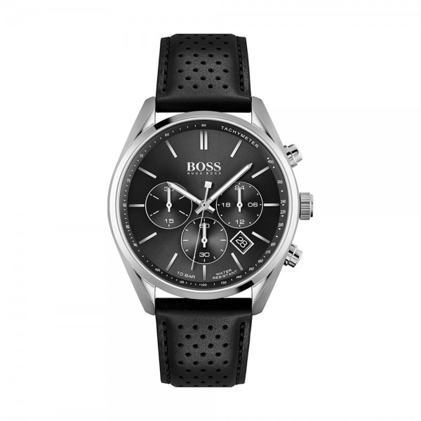 Montre Homme Hugo Boss Champion  - Boîtier acier argenté - Bracelet cuir Noir - Ref 1513816