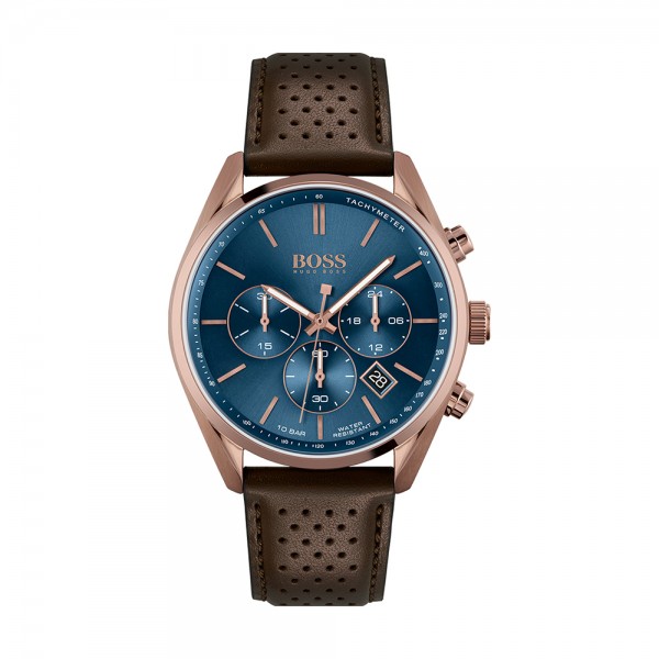 Montre Homme Hugo Boss Champion  - Boîtier acier doré Rose - Bracelet cuir Marron - Ref 1513817