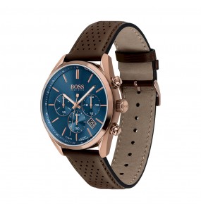 Montre Homme Hugo Boss Champion  - Boîtier acier doré Rose - Bracelet cuir Marron - Ref 1513817