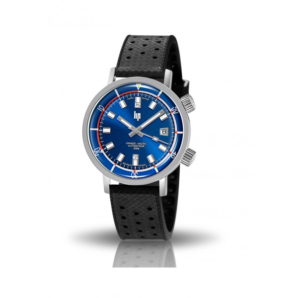 Lip Grande Nautic Auto/Saphir 41 mm cadran bleu - Bracelet caoutchouc perforé noir