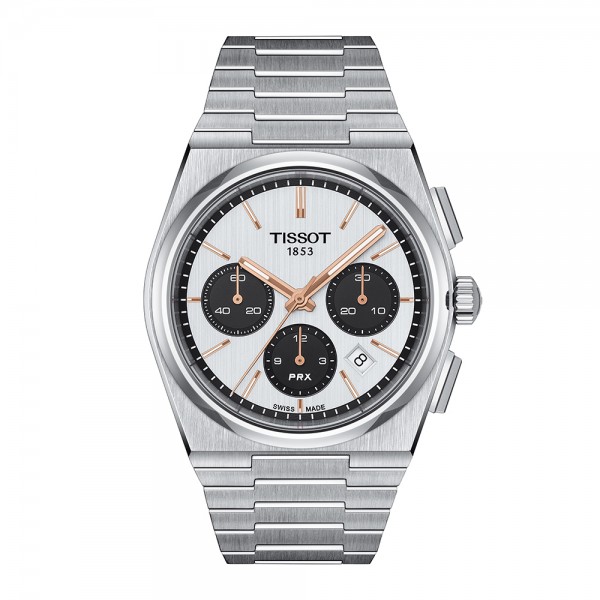 Montre Homme Tissot PRX chronographe automatique blanc bracelet acier - Réf. T1374271101100