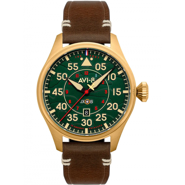 AVI-8 HAWKER HURRICANE CLOWES AUTOMATIC VERT CUIR BRUN AV-4097-04