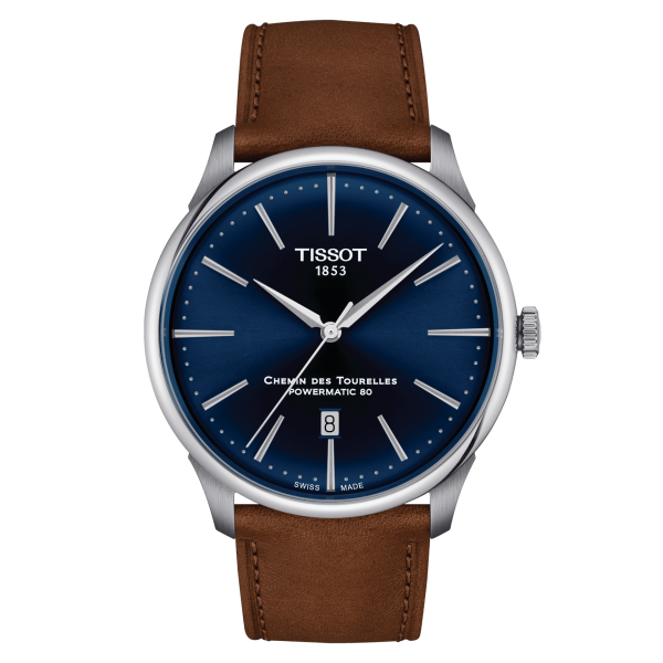 Montre Homme Tissot Chemin des Tourelles automatique bleu bracelet cuir brun - Réf. T1394071604100