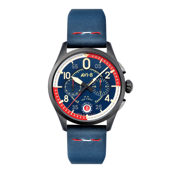 Montre Homme AVI-8 Spitfire P8331 Laguna Chronograph Limited Edition Bleu Rouge Cuir - AV-4105-01 Montre Homme AVI-8 Spitfire P8331 Laguna Chronograph Limited Edition Bleu Rouge Cuir - AV-4105-01