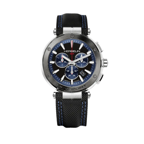 Montre Homme HERBELIN Newport Chronographe Noir Bleu Cuir - 37688AG65 Montre Homme HERBELIN Newport Chronographe Noir Bleu Cuir - 37688AG65