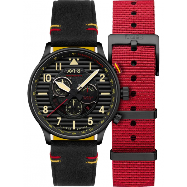 AVI-8 - Montre Homme - Flyboy Spirit Of Tuskegee - Chronographe - bracelets cuir noir et nato nylon rouge - Ref AV-4109-01