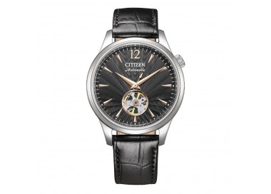 Citizen - Montre Homme - Platform Mechanical Classic Open Heart - cadran noir - bracelet cuir - Ref NH9131-14E