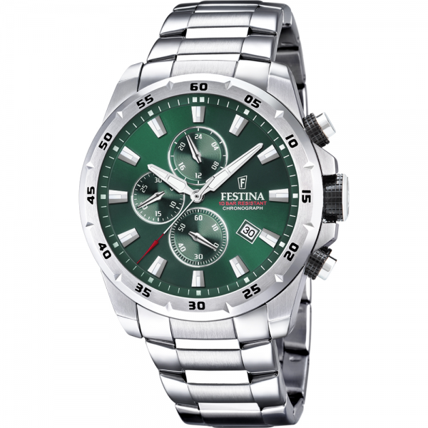 Festina - Montre Homme Timeless Chronographe - Cadran Vert - Bracelet Acier - Ref F20463/3