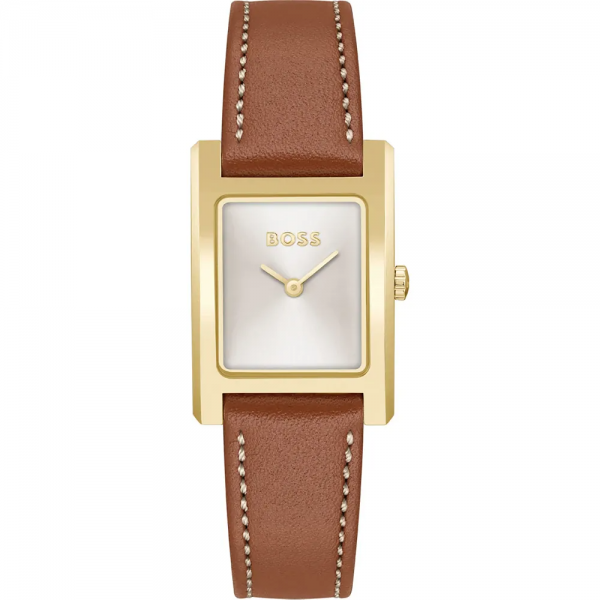 Hugo Boss - Montre Femme Lucy - Boitier rectangle acier doré - Bracelet Cuir De Veau Marron - Ref 1502741
