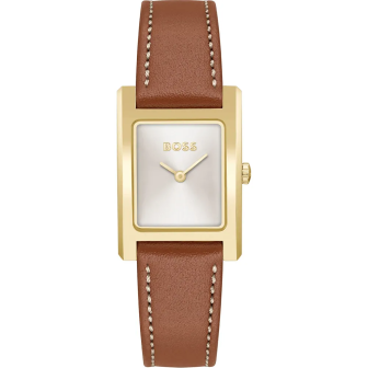 Hugo Boss - Montre Femme Lucy - Boitier rectangle acier doré - Bracelet Cuir De Veau Marron - Ref 1502741