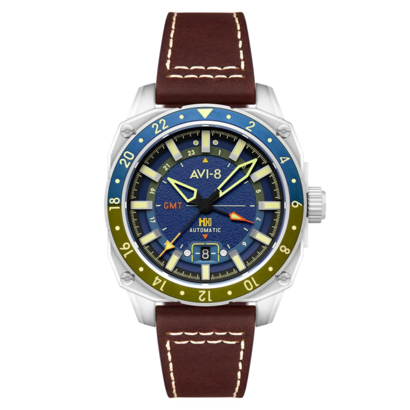 AVI-8 - Montre Homme Hawker Hunter Atlas GMT Automatic bleue avec bracelet en cuir marron - Ref AV-4122-02