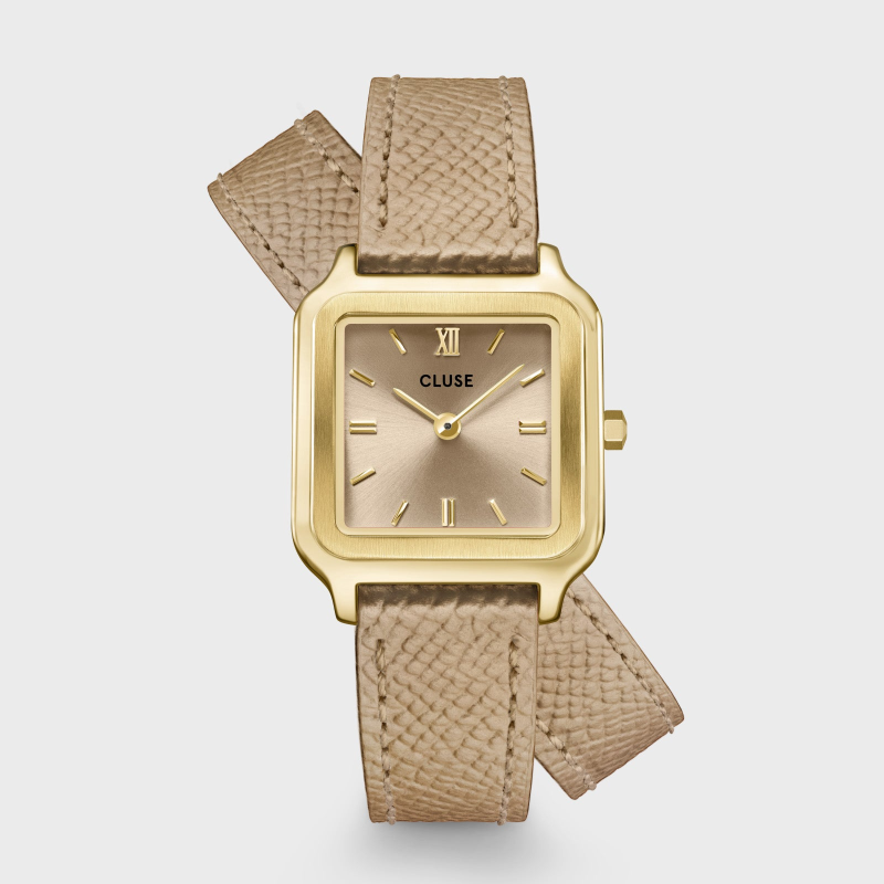 Cluse - Montre Femme Gracieuse Petite beige acier doré avec bracelet en cuir - Ref CW11813
