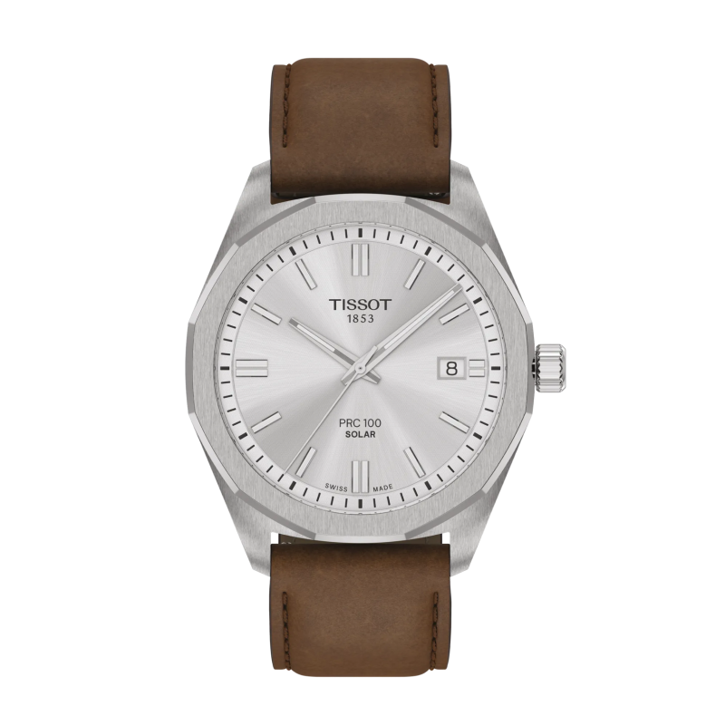 Montre Homme Tissot PRC100 Solar argenté bracelet cuir brun - Réf. T1514221603100